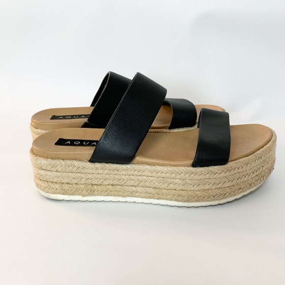 AQUA Ayden Black Leather Espadrille Slide Platform Sandals 10 - Picture 4 of 9
